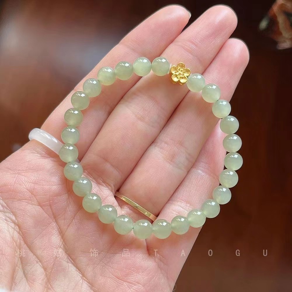 高品质晴水和田玉圆珠女手串简约手链镀金桃花手链ins小众设计