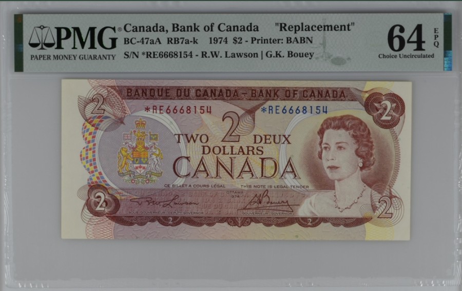 收藏联盟Quantum Auction 第208期拍卖(最后三拍新添测试钞评级币) 加拿大1974年2元 PMG64e 稀少补号