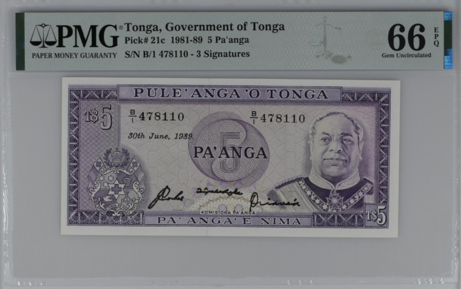 收藏联盟Quantum Auction 第208期拍卖(最后三拍新添测试钞评级币) 汤加1981-89年5潘加 PMG66 C版冠军分