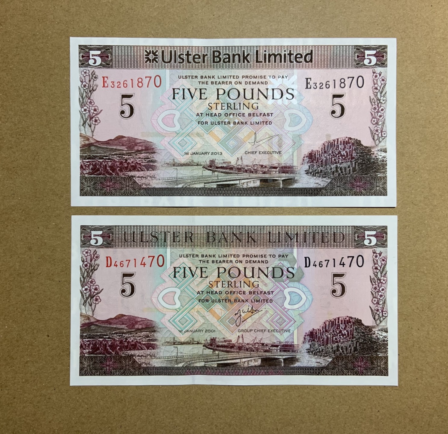 收藏联盟Quantum Auction 第208期拍卖(最后三拍新添测试钞评级币) 北爱尔兰优斯特银行2001&2013年5镑 品相全新UNC 早期年份 不同版本 尾2同