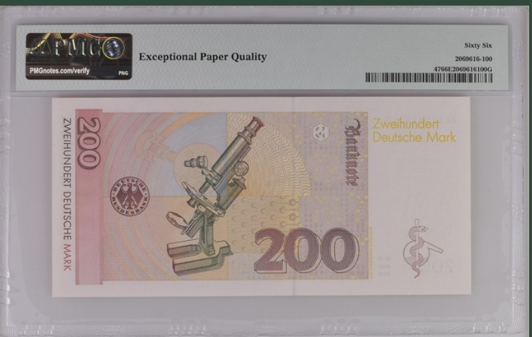 收藏联盟Quantum Auction 第208期拍卖(最后三拍新添测试钞评级币) 德国联邦1996年200马克 PMG66 梅毒特效药666发现者 艾尔利希