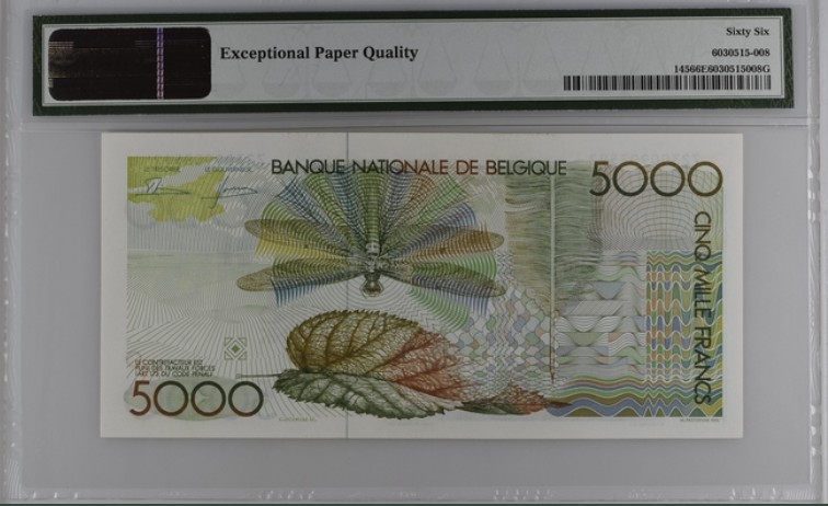 收藏联盟Quantum Auction 第208期拍卖(最后三拍新添测试钞评级币) 比利时1982-92年5000法郎 PMG66 诗人赛格尔 大蜻蜓 最后一版双面雕刻的高面值
