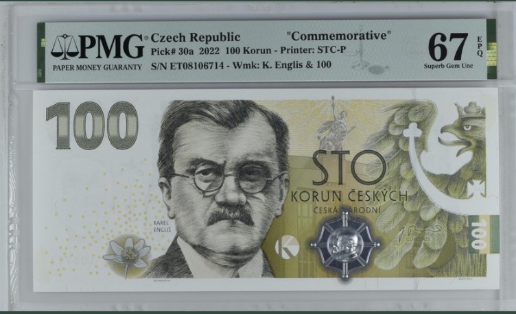 收藏联盟Quantum Auction 第208期拍卖(最后三拍新添测试钞评级币) 捷克2022年100克朗货币问世100周年纪念钞 PMG67 捷克首张带有全息图的纪念钞 纳米图像 限量发行2万张
