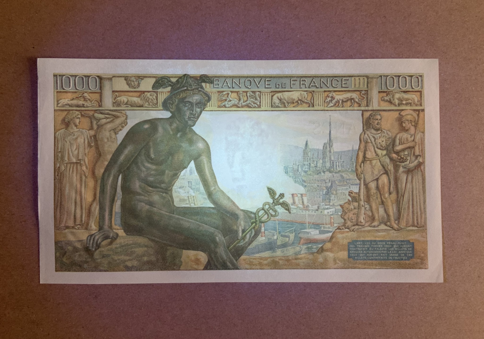 收藏联盟Quantum Auction 第208期拍卖(最后三拍新添测试钞评级币) 法国1942年1000法郎 品相UNC- 无针孔