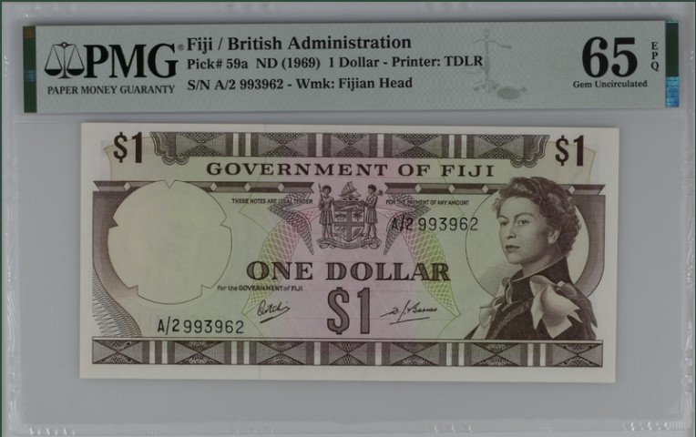 收藏联盟Quantum Auction 第208期拍卖(最后三拍新添测试钞评级币) 斐济群岛1969年1元 PMG65 稀少初版首发年份