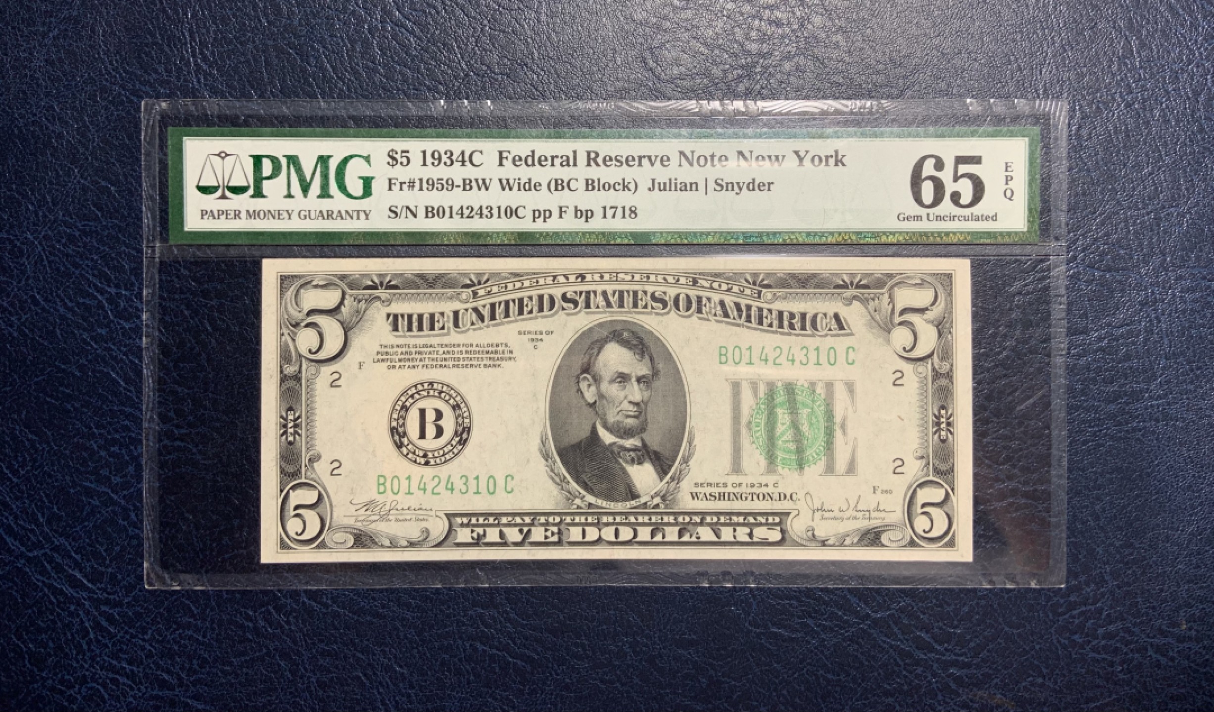 收藏联盟Quantum Auction 第208期拍卖(最后三拍新添测试钞评级币) 美国联邦1934年5元 PMG65 稀少绿色库印