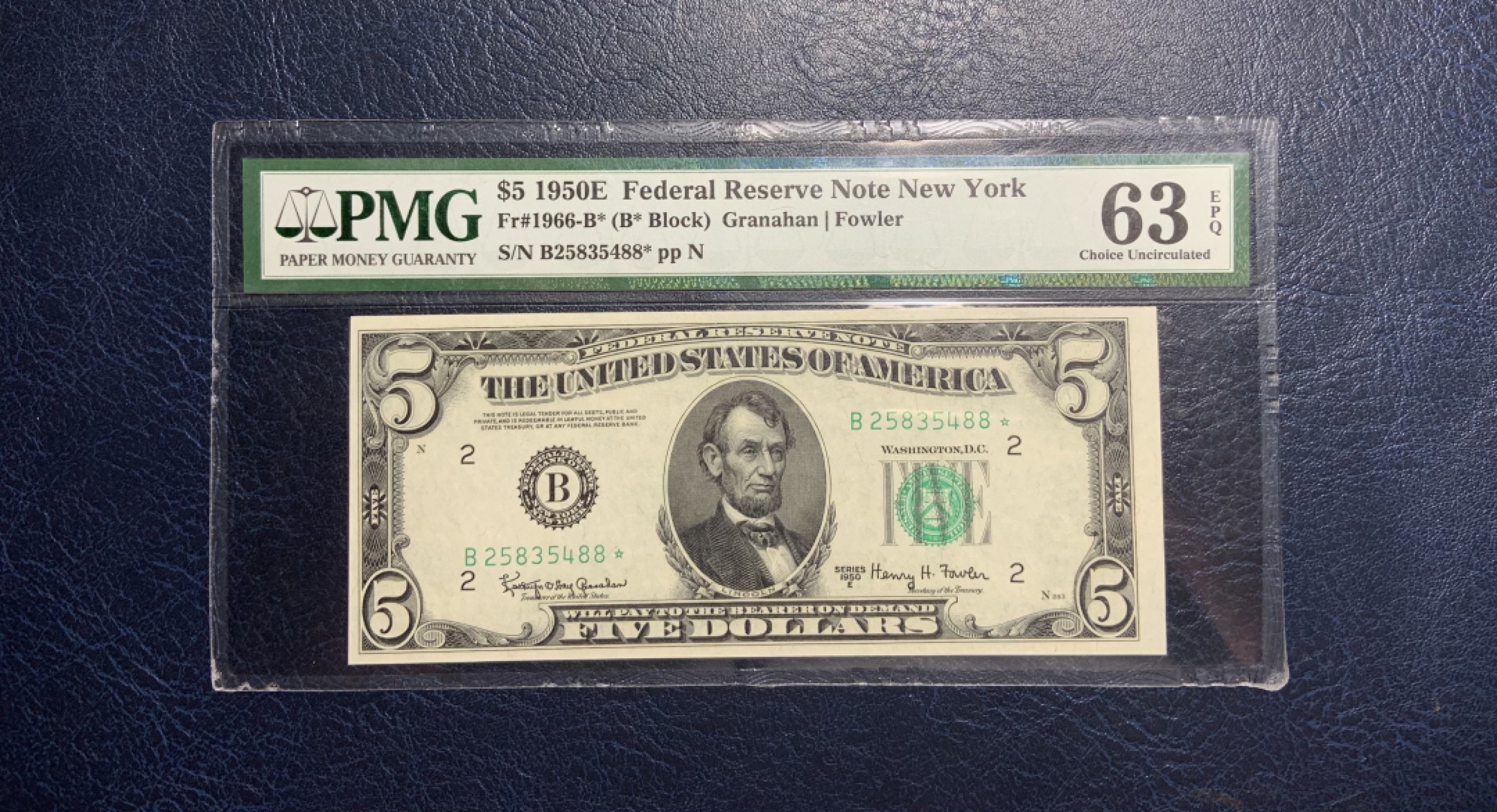 收藏联盟Quantum Auction 第208期拍卖(最后三拍新添测试钞评级币) 美国1950年联邦储备券5元 PMG63e