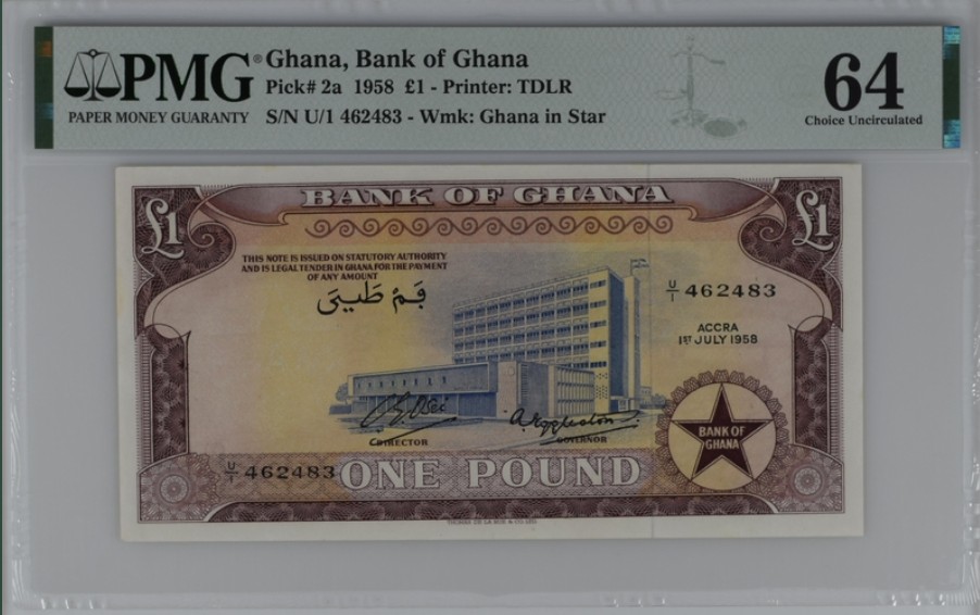 收藏联盟Quantum Auction 第208期拍卖(最后三拍新添测试钞评级币) 加纳1958年1镑 PMG64 可可种植加工园