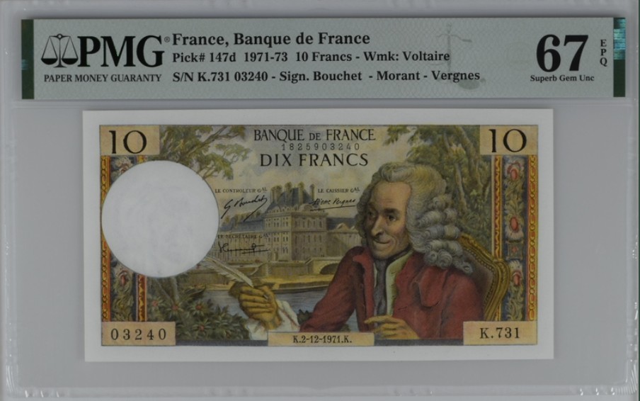 收藏联盟Quantum Auction 第208期拍卖(最后三拍新添测试钞评级币) 法国1971年10法郎 PMG67 伏尔泰