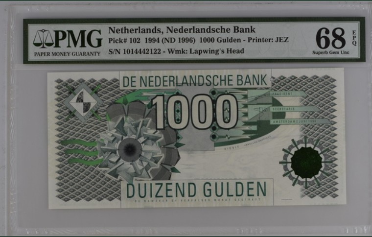 收藏联盟Quantum Auction 第208期拍卖(最后三拍新添测试钞评级币) 荷兰1996年1000盾 PMG68 大齿轮 冠军分 