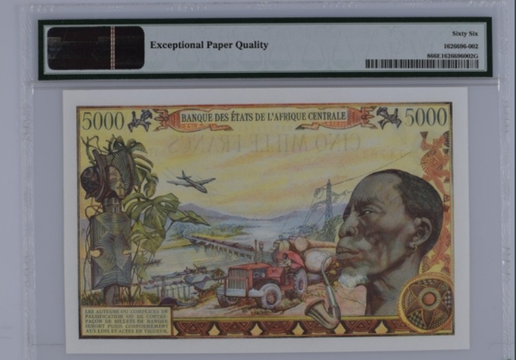 收藏联盟Quantum Auction 第208期拍卖(最后三拍新添测试钞评级币) 乍得1980年5000法郎 PMG66 经典大烟斗 十分稀少