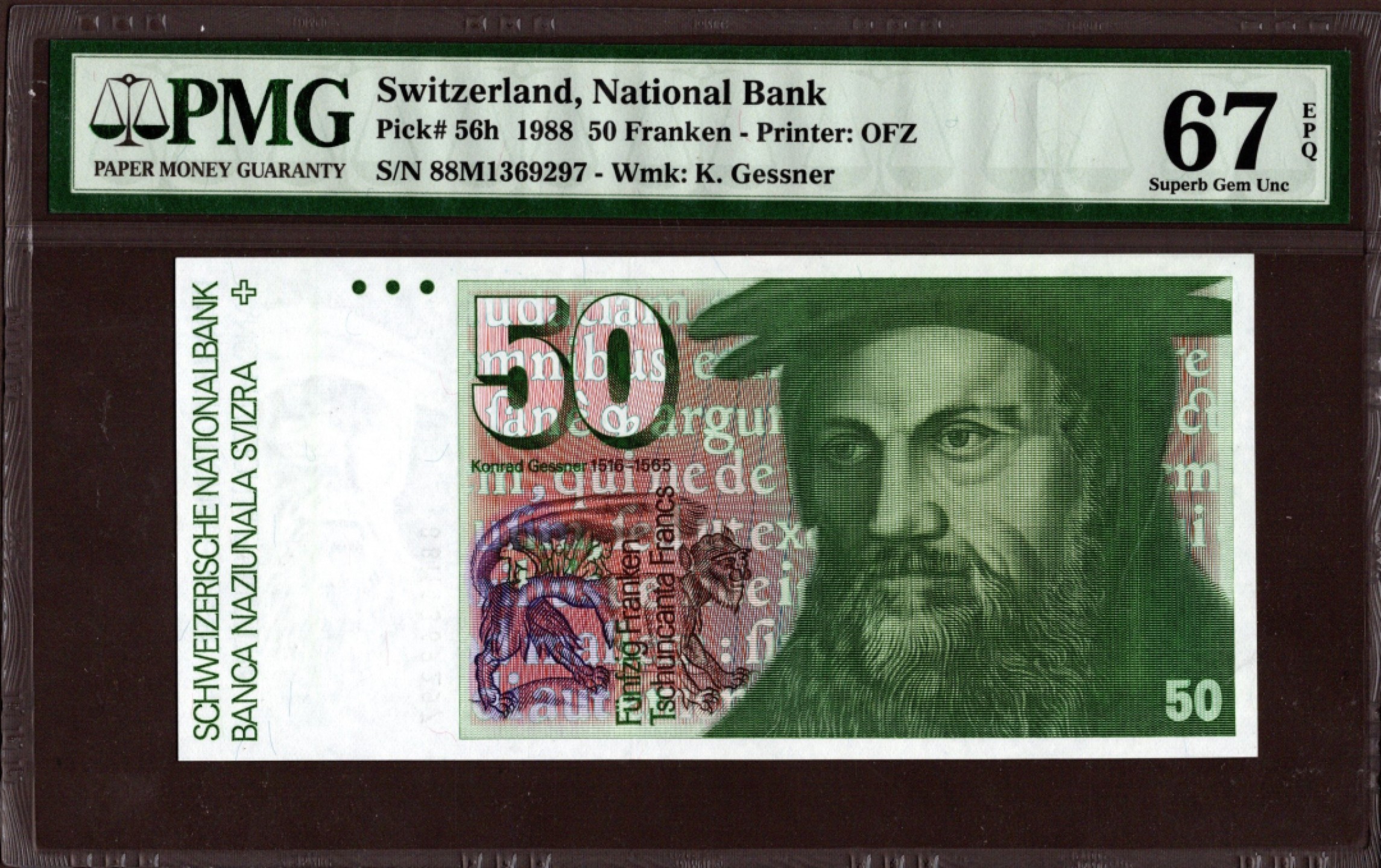 收藏联盟Quantum Auction 第208期拍卖(最后三拍新添测试钞评级币) 瑞士1988年50法郎 PMG67 猫头鹰