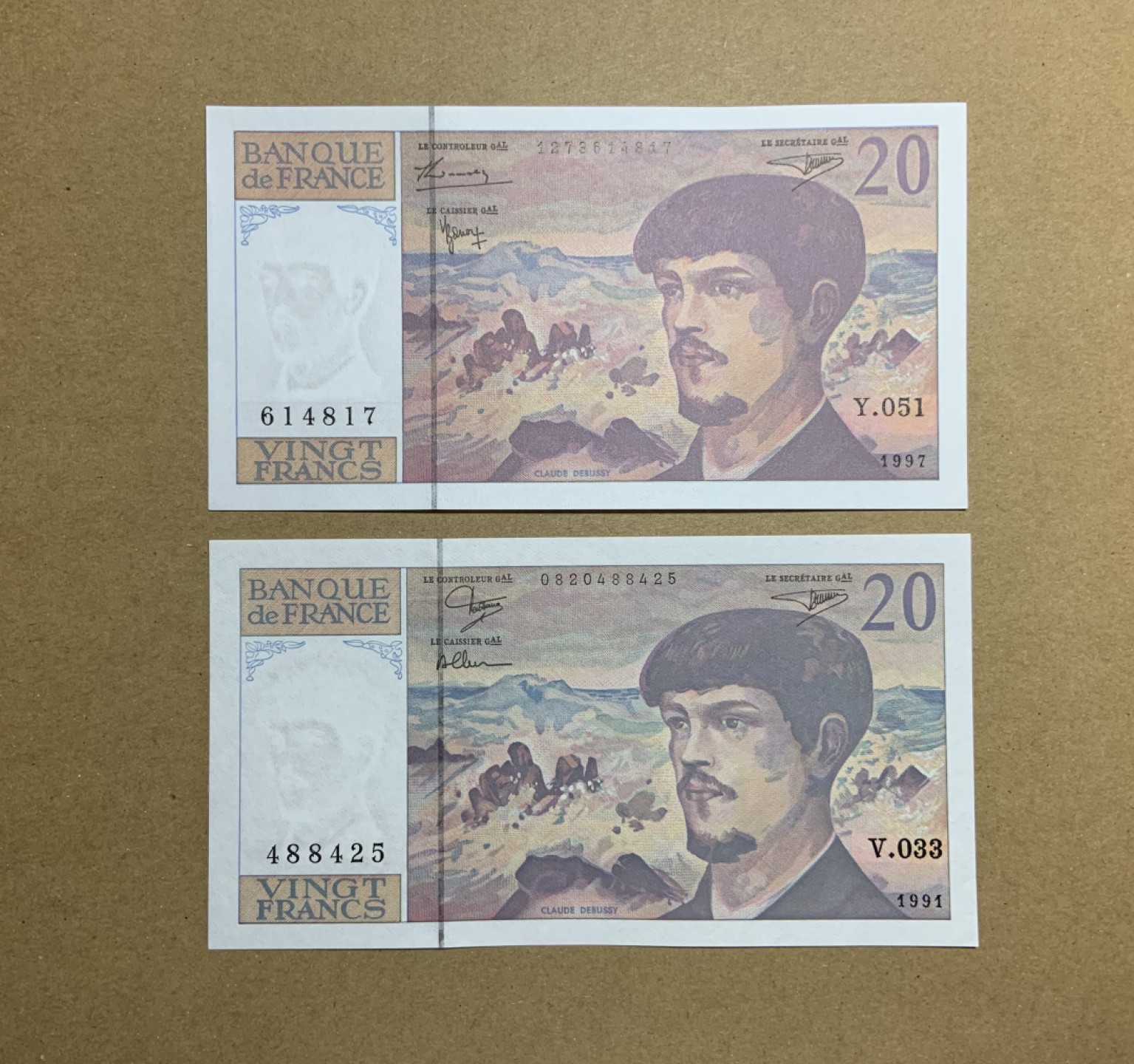 收藏联盟Quantum Auction 第208期拍卖(最后三拍新添测试钞评级币) 法国1991-97年20法郎 品相全新UNC 不同年份和签名