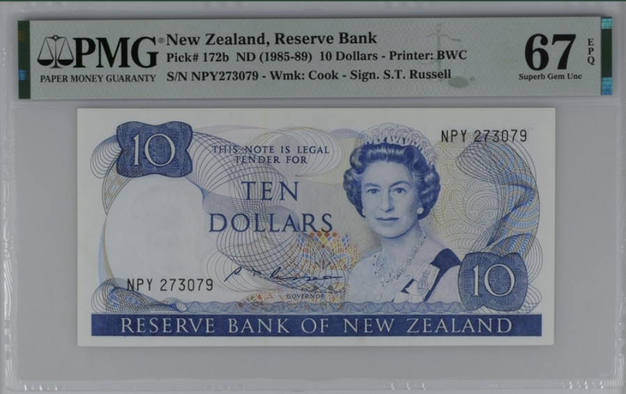 收藏联盟Quantum Auction 第208期拍卖(最后三拍新添测试钞评级币) 新西兰1985-89年10元 PMG67 产于新西兰的食肉鹦鹉(啄羊鹦鹉)
