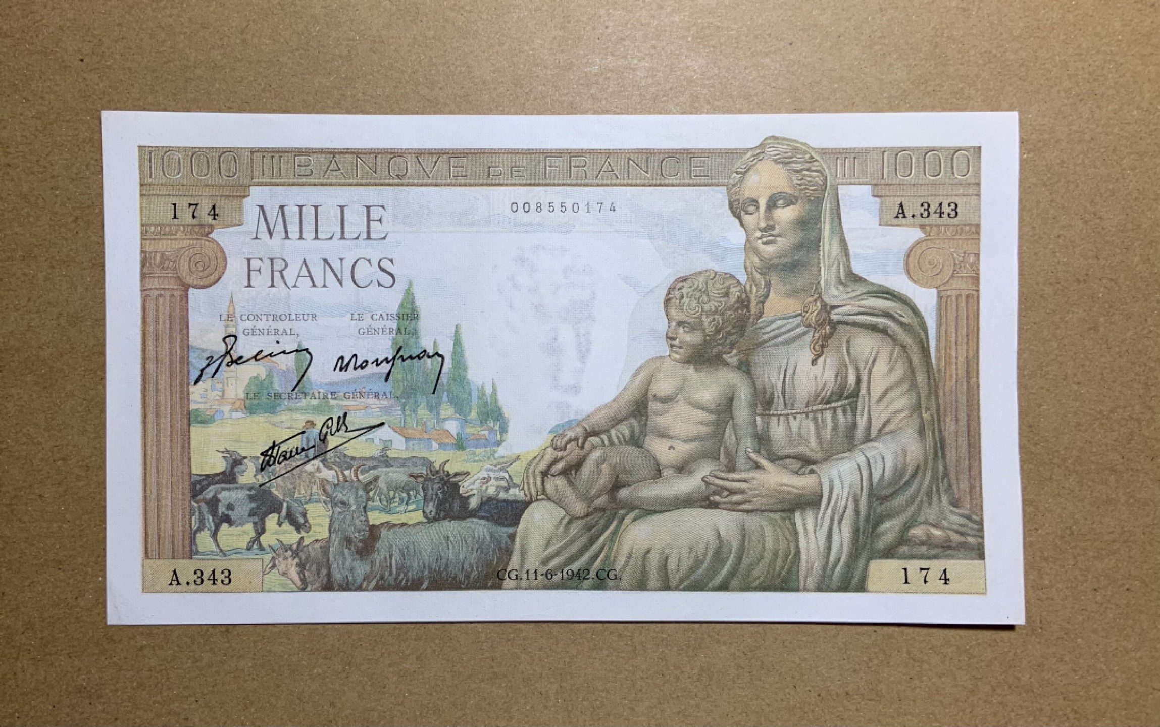 收藏联盟Quantum Auction 第208期拍卖(最后三拍新添测试钞评级币) 法国1942年1000法郎 品相UNC- 无针孔