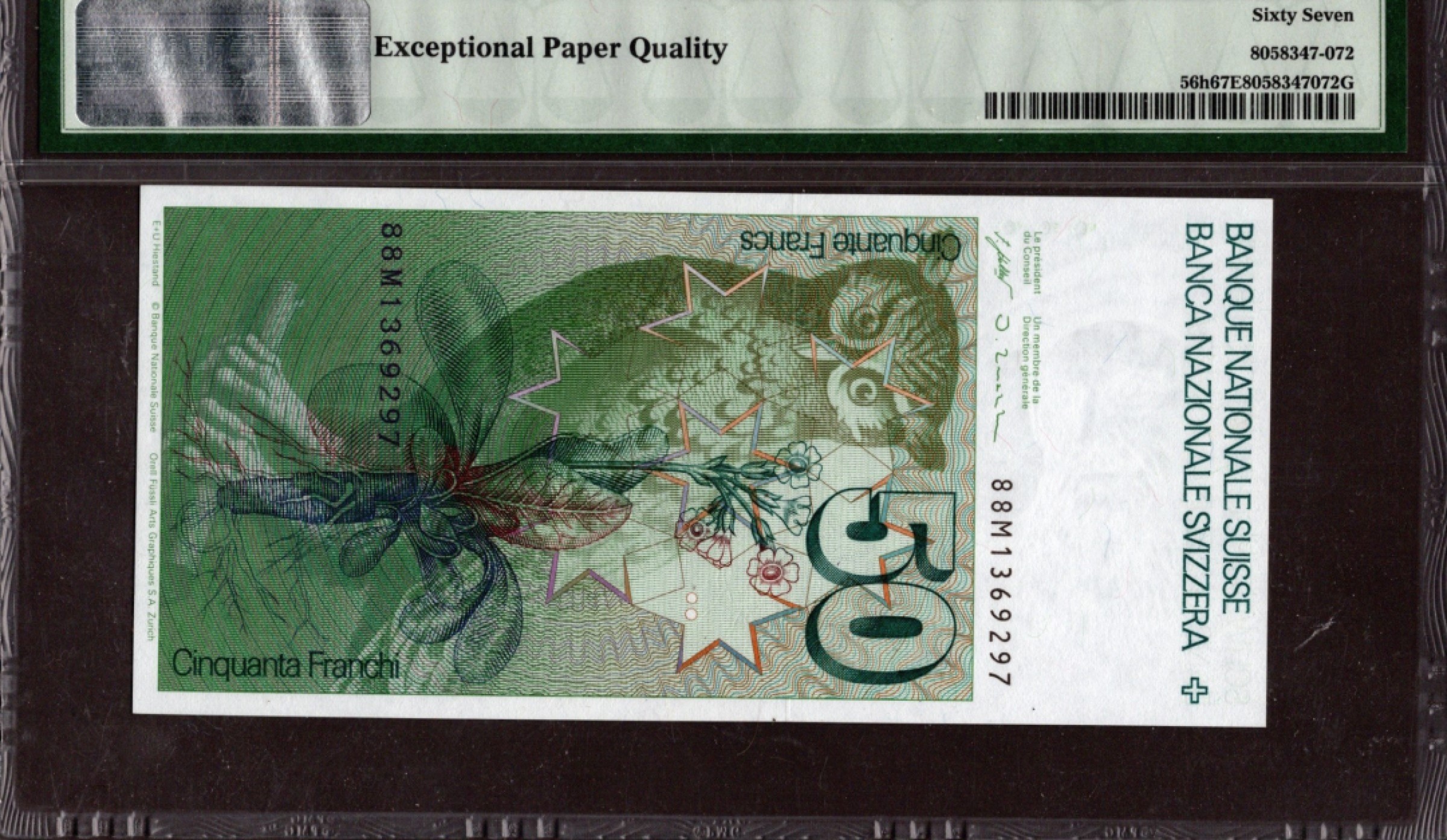 收藏联盟Quantum Auction 第208期拍卖(最后三拍新添测试钞评级币) 瑞士1988年50法郎 PMG67 猫头鹰