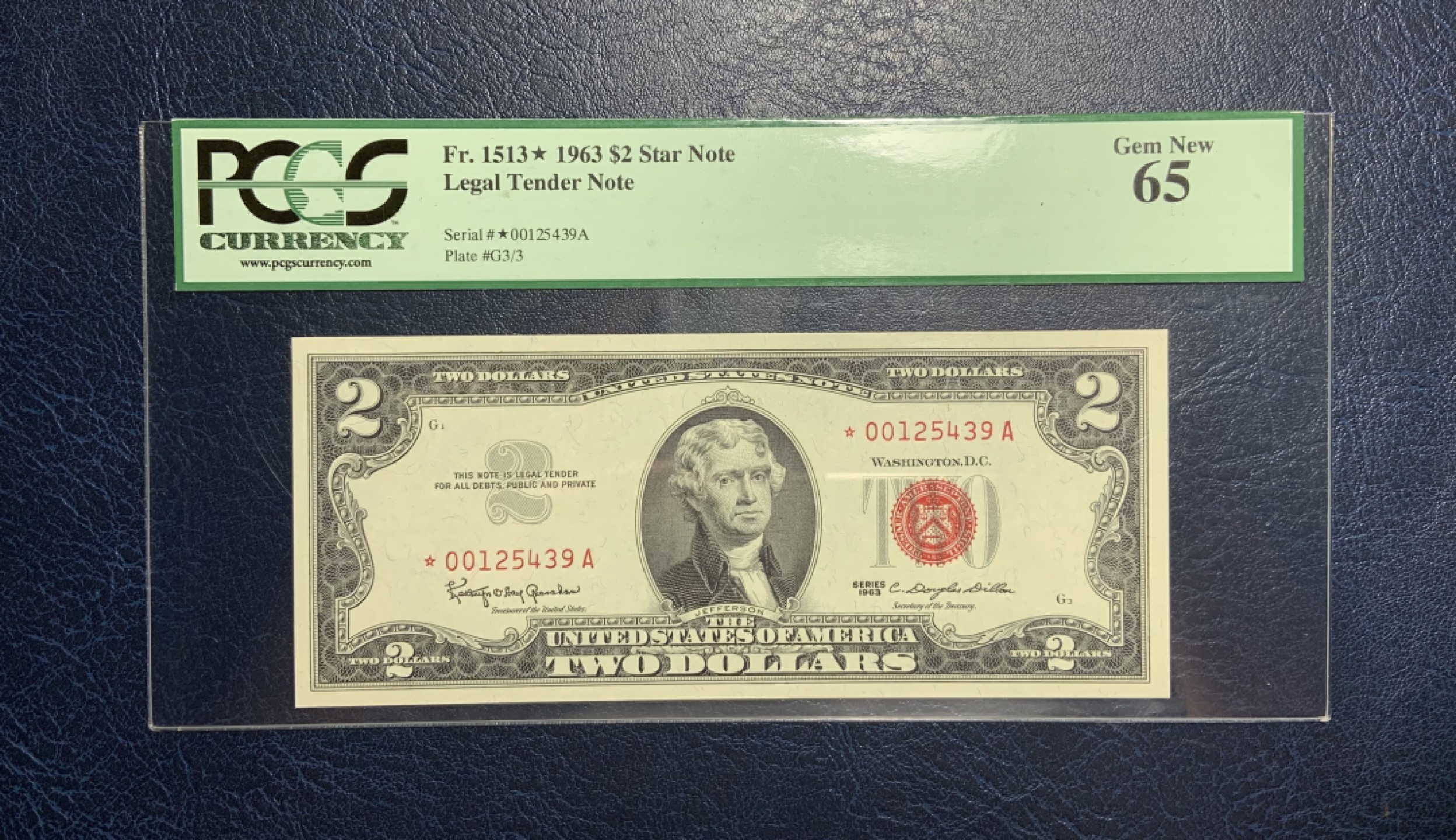 收藏联盟Quantum Auction 第208期拍卖(最后三拍新添测试钞评级币) 美国1963年政府券2元 PCGS65 星补号