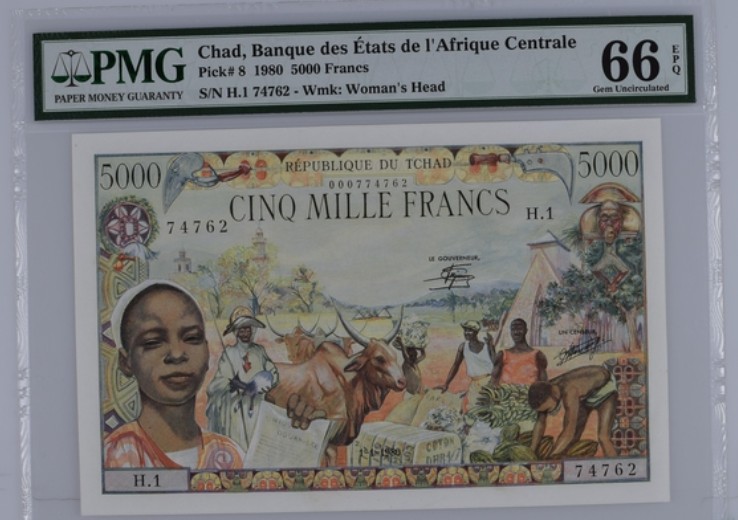 收藏联盟Quantum Auction 第208期拍卖(最后三拍新添测试钞评级币) 乍得1980年5000法郎 PMG66 经典大烟斗 十分稀少