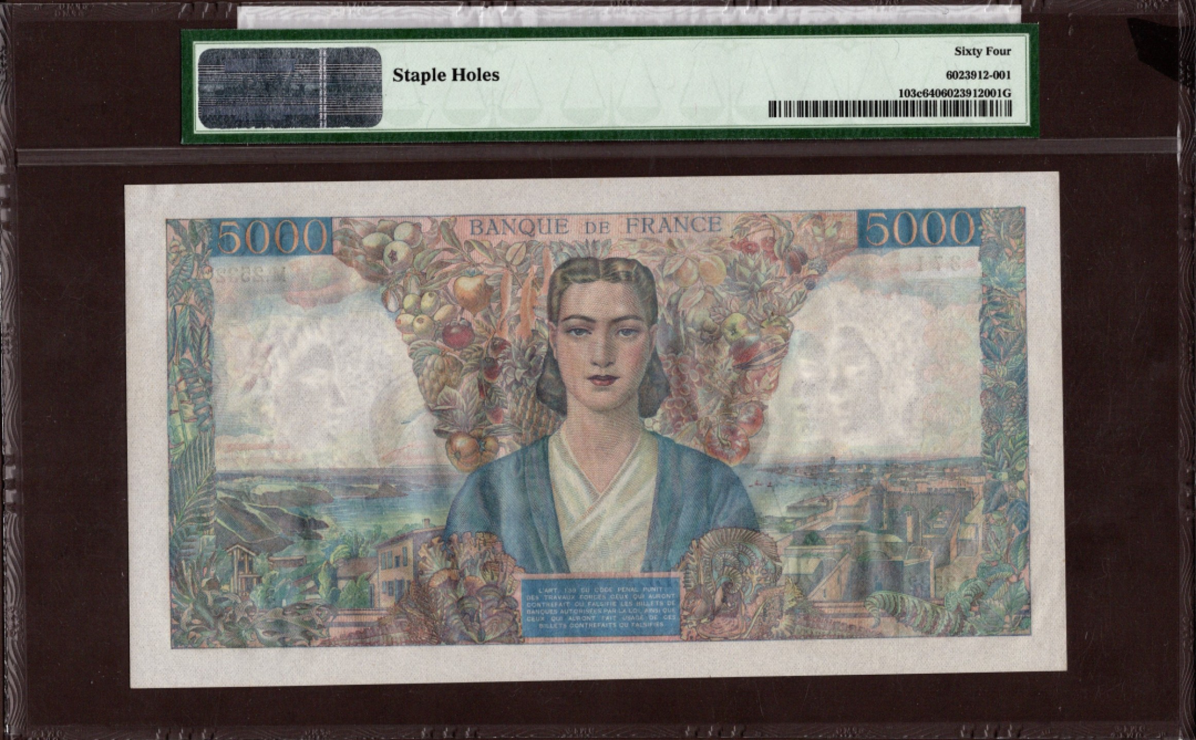 收藏联盟Quantum Auction 第208期拍卖(最后三拍新添测试钞评级币) 法国1946年5000法郎 PMG64 大团结 帝国女神