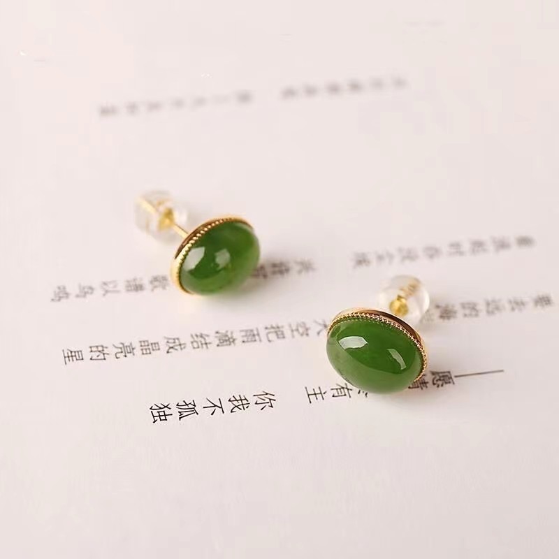 天然玉石金镶碧玉蛋面耳钉时尚气质高级感女耳坠耳饰品礼物妈