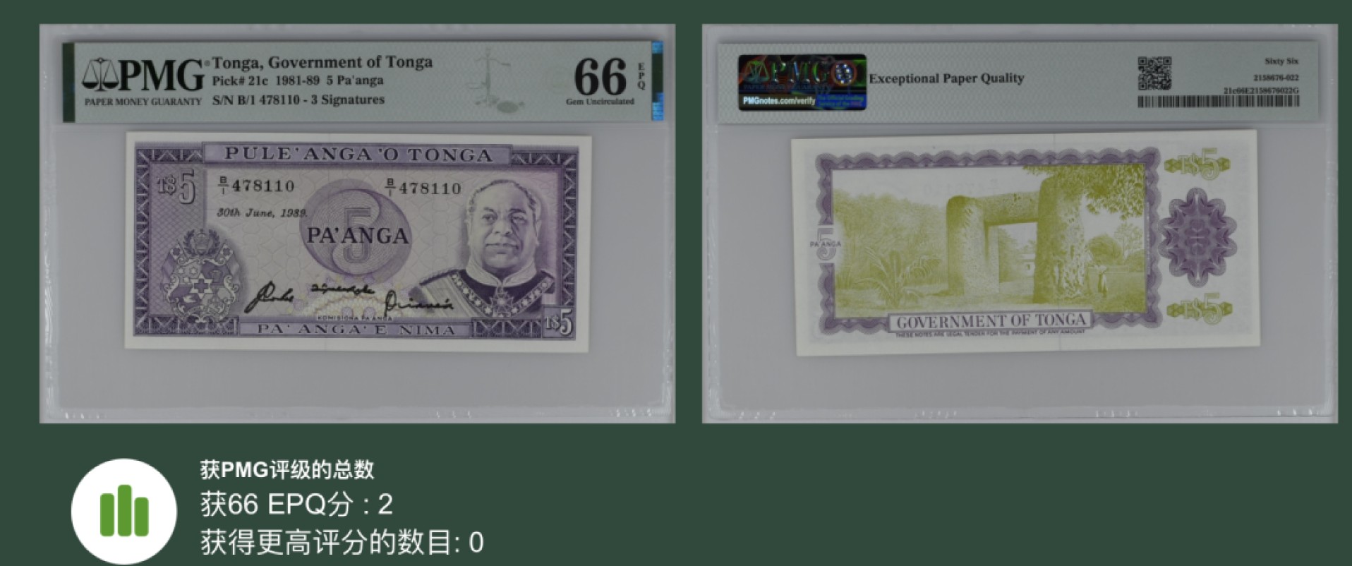收藏联盟Quantum Auction 第208期拍卖(最后三拍新添测试钞评级币) 汤加1981-89年5潘加 PMG66 C版冠军分