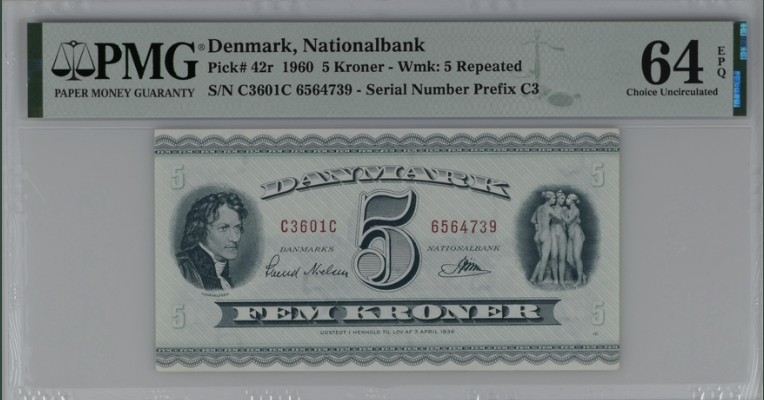 收藏联盟Quantum Auction 第208期拍卖(最后三拍新添测试钞评级币) 丹麦1960年5克朗 PMG64e 三裸女 稀少