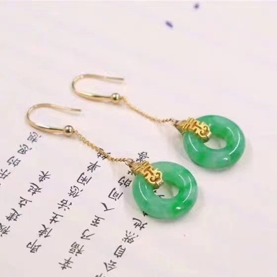 天然A货翡翠平安扣耳坠纯银金喜字耳环耳饰气质优雅复古耳坠