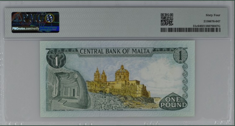 收藏联盟Quantum Auction 第208期拍卖(最后三拍新添测试钞评级币) 马耳他1973年1里拉 PMG64 德纳罗彩背 稀少版本