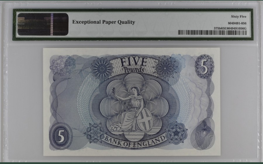 收藏联盟Quantum Auction 第208期拍卖(最后三拍新添测试钞评级币) 英国1966-70年5镑 PMG65 帝国女神