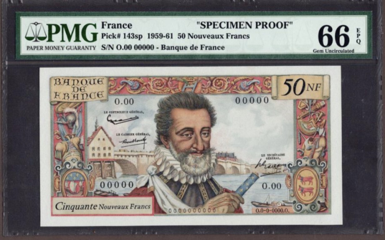 收藏联盟Quantum Auction 第208期拍卖(最后三拍新添测试钞评级币) 法国1959-61年50法郎样票 PMG66 亨利四世