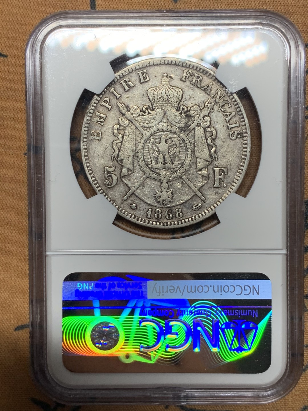 《竞宝斋》第115场-周日，周一 ，2场连拍（全场包邮） NGC XF40 法国 1868年 拿破仑三世 5法郎 银币 原味状态 不错