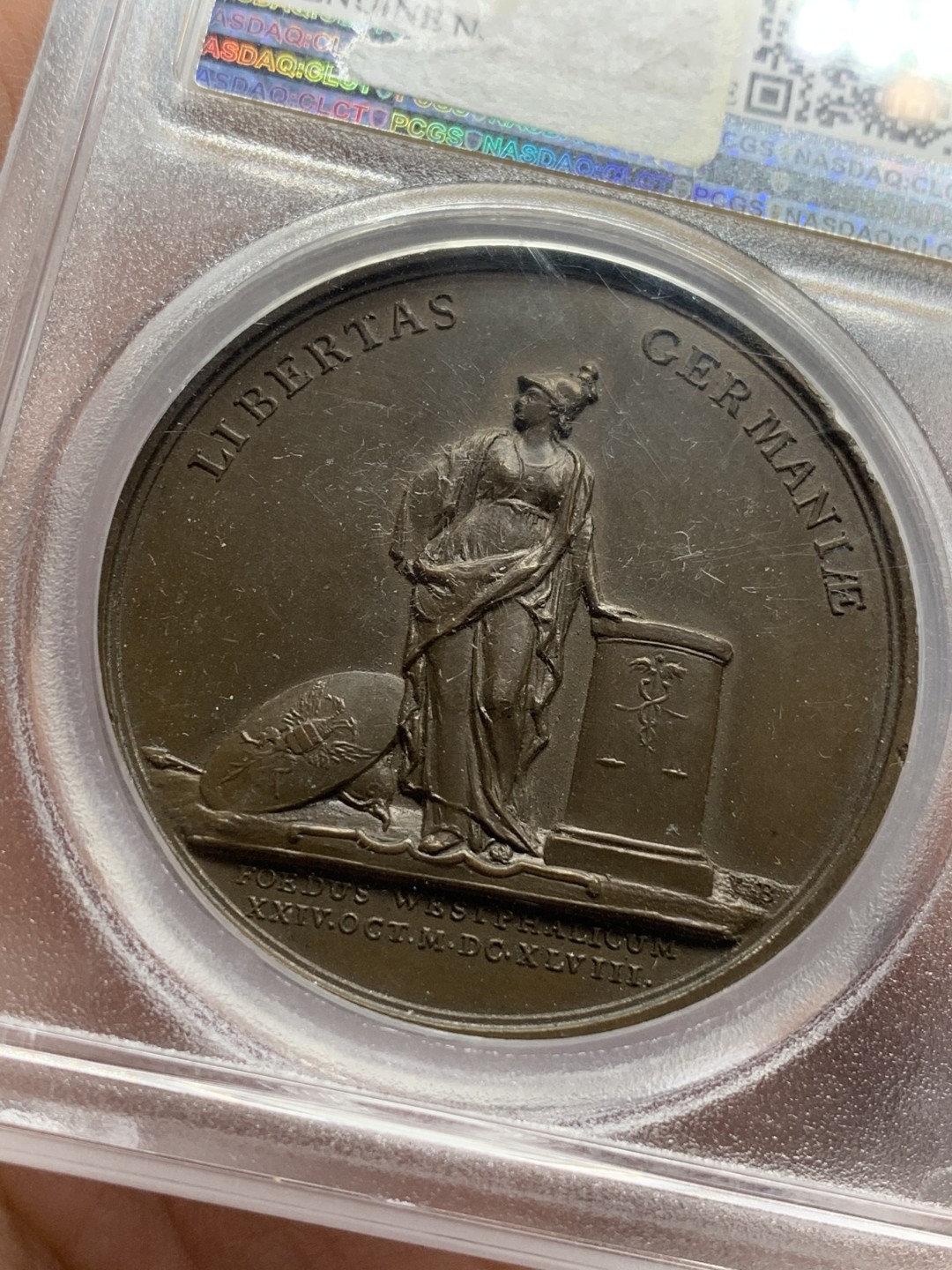 《竞宝斋》第115场-周日，周一 ，2场连拍（全场包邮） PCGS UNC 法国 1648年 路易十四 小孩头 法国战胜巴伐利亚 纪念铜章 加厚盒装 细节精制 难得