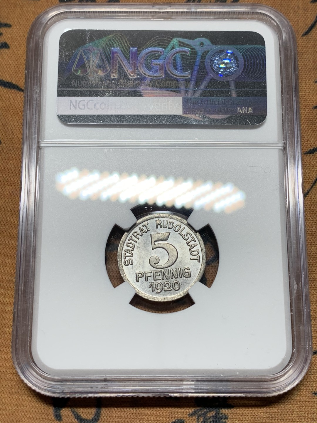 《竞宝斋》第115场-周日，周一 ，2场连拍（全场包邮） NGC MS63 1920年 德国 德紧鲁多尔施塔特5芬尼铁币