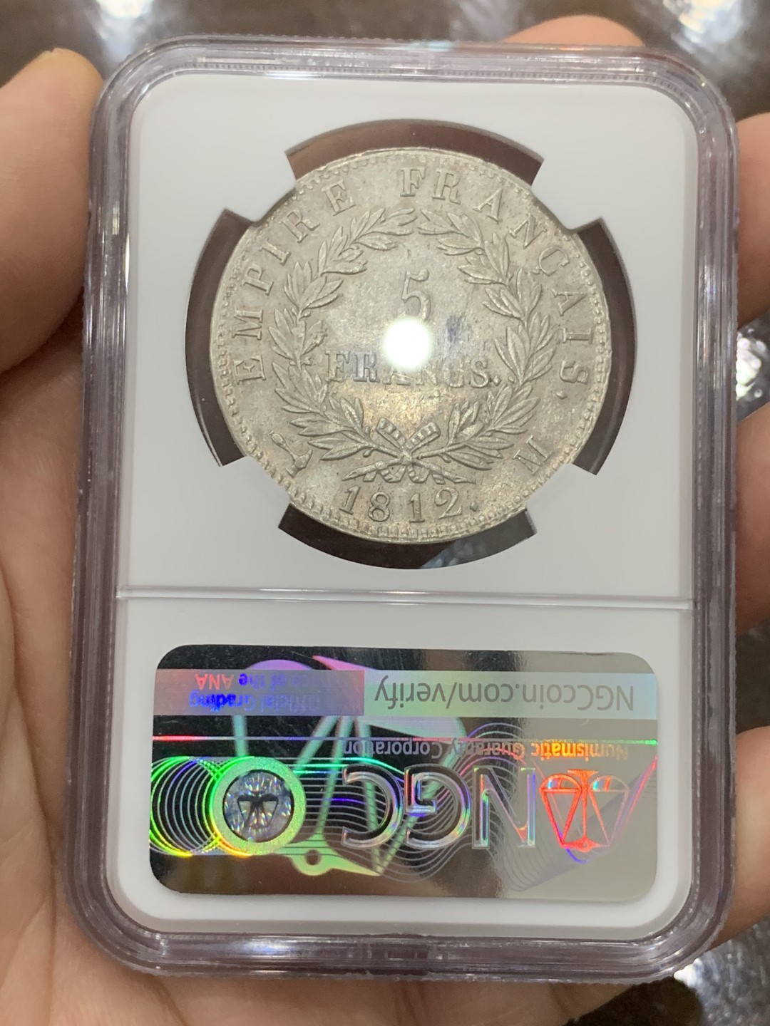 《竞宝斋》第115场-周日，周一 ，2场连拍（全场包邮） NGC AU55 法国1812年拿破仑一世5法郎大银币少见M厂 年份也少 光度十足
