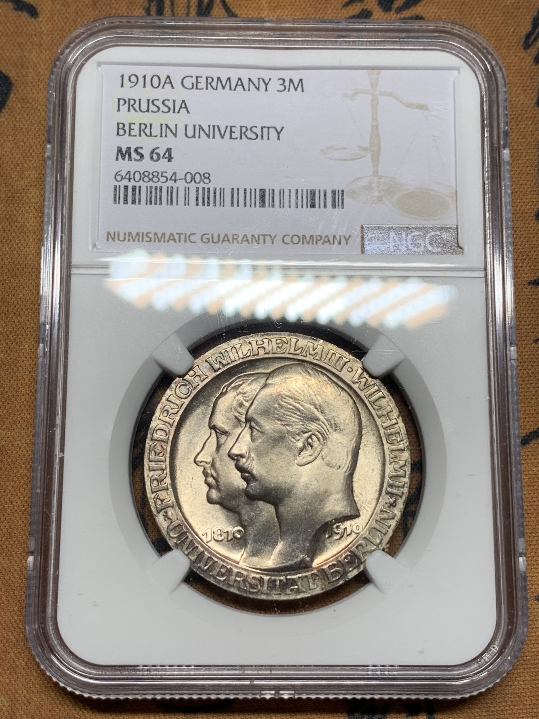 《竞宝斋》第115场-周日，周一 ，2场连拍（全场包邮） NGC MS64 德国普鲁士1910年柏林大学建校100周年纪念3马克银币