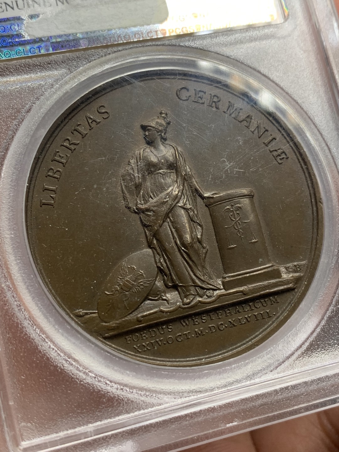 《竞宝斋》第115场-周日，周一 ，2场连拍（全场包邮） PCGS UNC 法国 1648年 路易十四 小孩头 法国战胜巴伐利亚 纪念铜章 加厚盒装 细节精制 难得