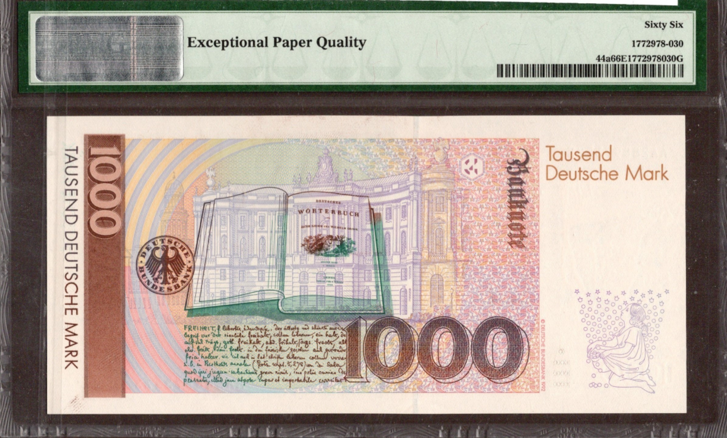 收藏联盟Quantum Auction 第209期拍卖 德国联邦1991年1000马克 PMG66 AA冠 童话大师格林兄弟