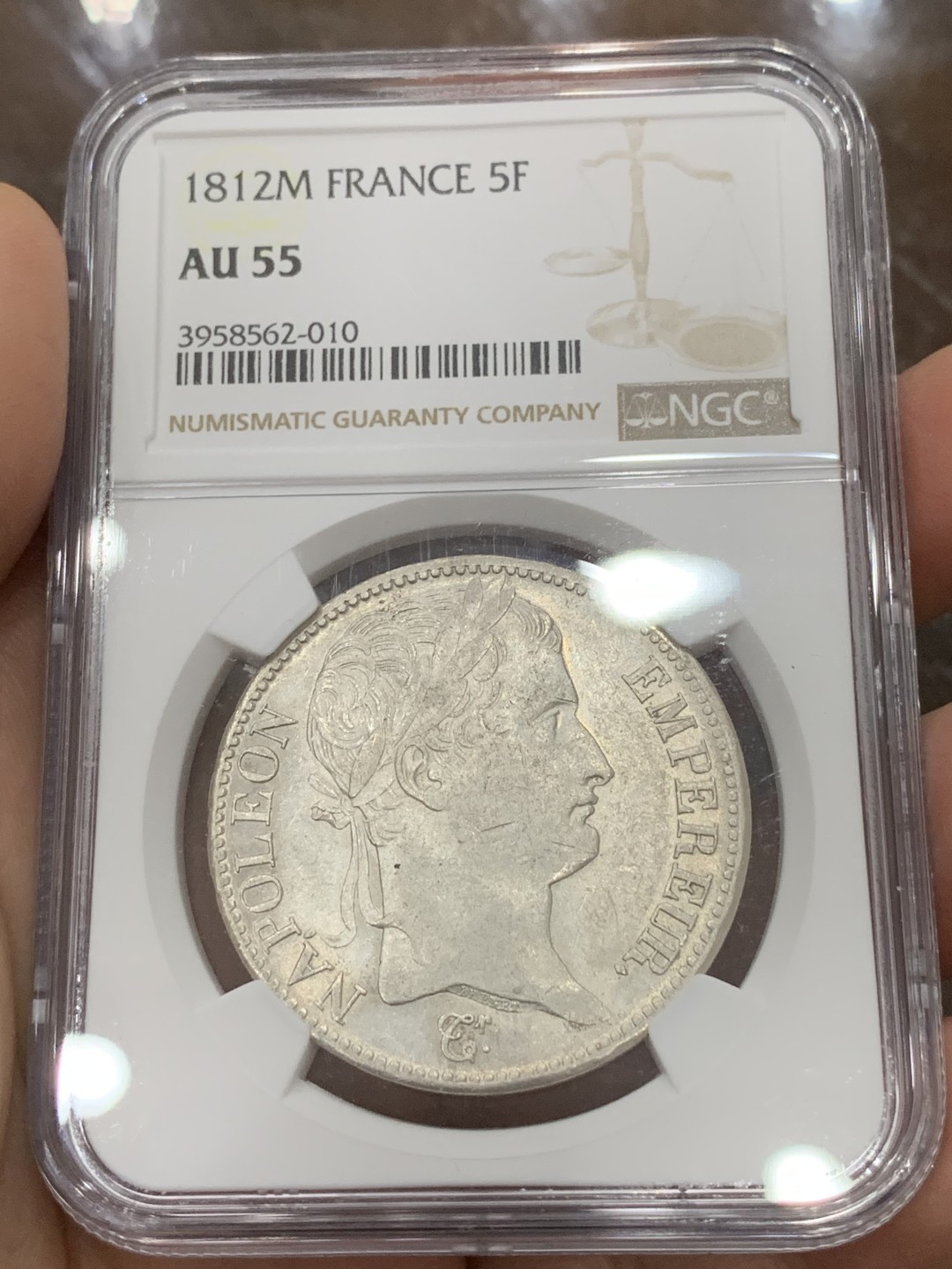 《竞宝斋》第115场-周日，周一 ，2场连拍（全场包邮） NGC AU55 法国1812年拿破仑一世5法郎大银币少见M厂 年份也少 光度十足