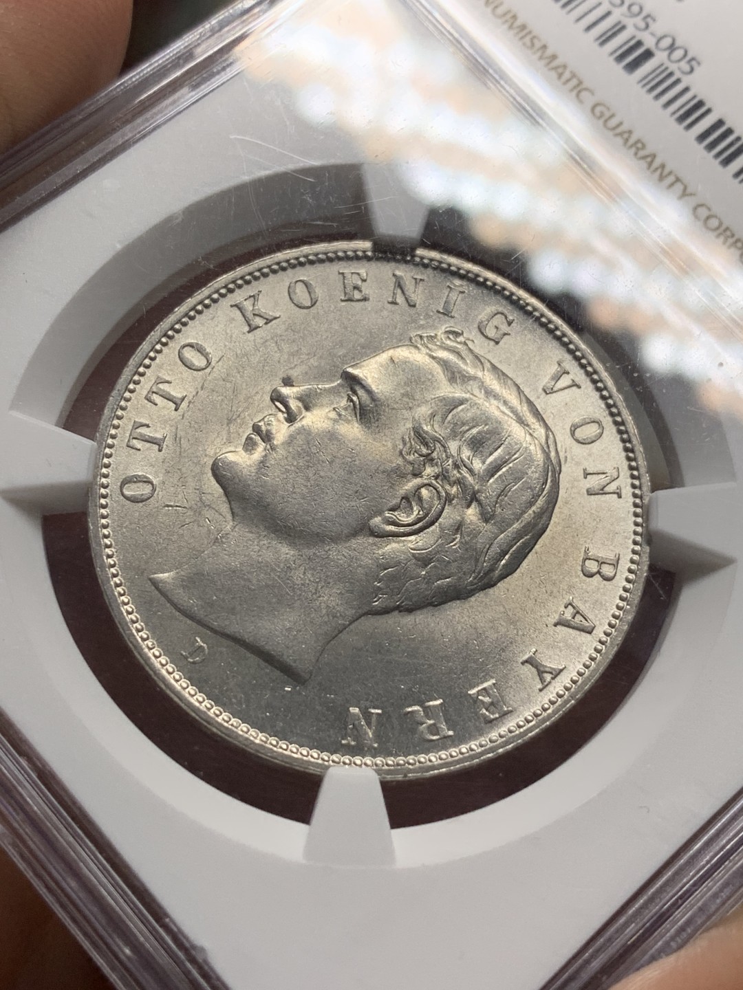 《竞宝斋》第115场-周日，周一 ，2场连拍（全场包邮） NGC-MS62 1908年巴伐利亚流通3马克银币，奥托国王像。原色银光，状态极佳。此版流通充分，高分较摄政王版少很多