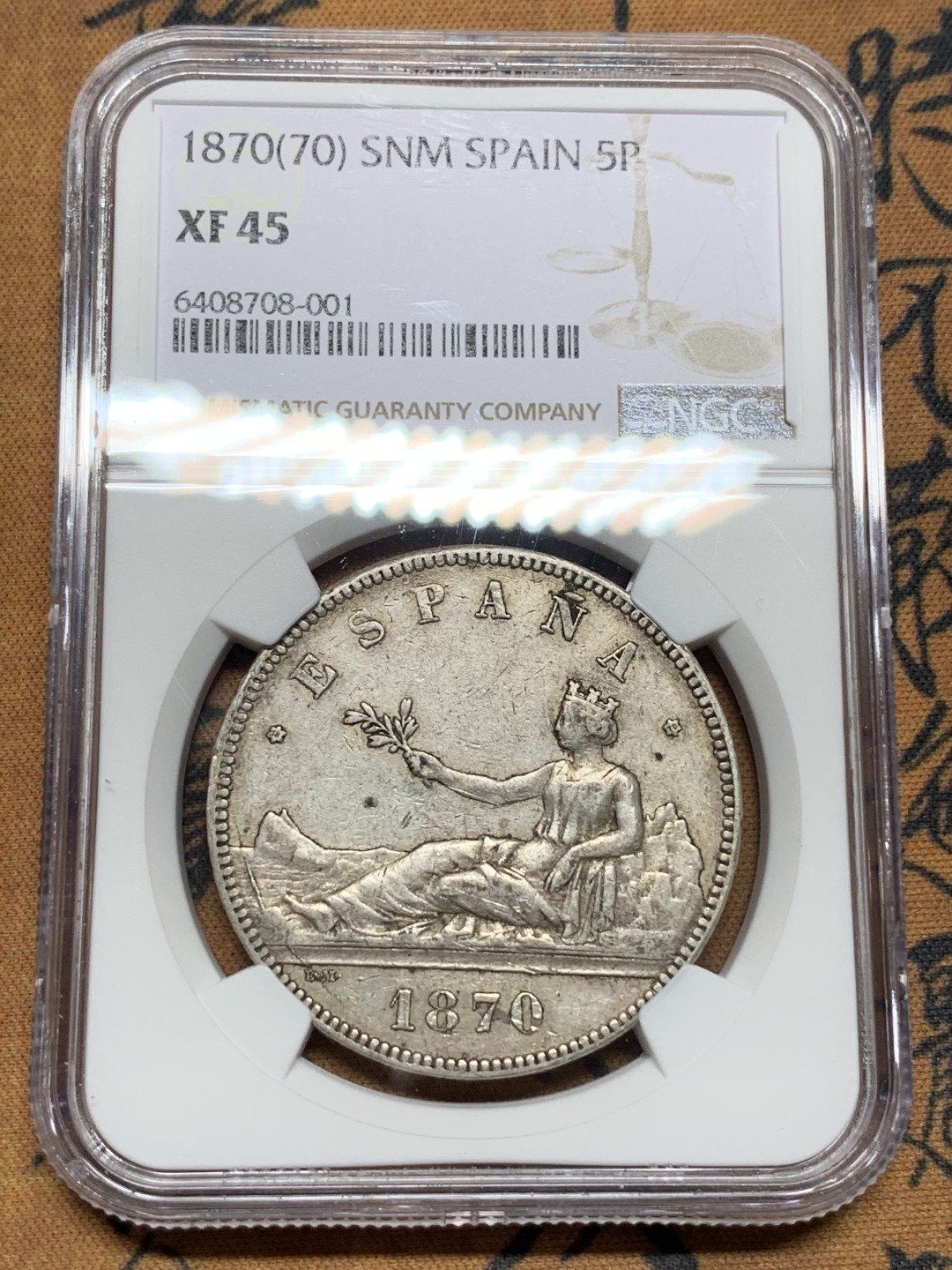 《竞宝斋》第115场-周日，周一 ，2场连拍（全场包邮） NGC-XF45 西班牙1870年 临时政府 5比塞塔拿花 双柱大银币 原味包浆