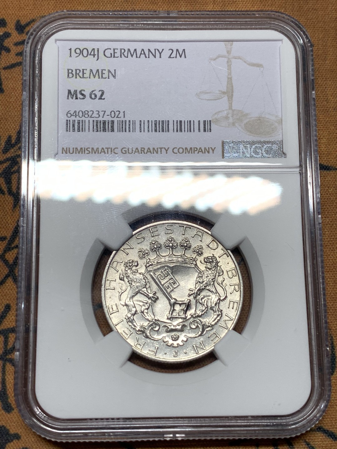 《竞宝斋》第115场-周日，周一 ，2场连拍（全场包邮） NGC-MS62 德国 1904年 不来梅 双狮2马克银币 少见品种，原光好品