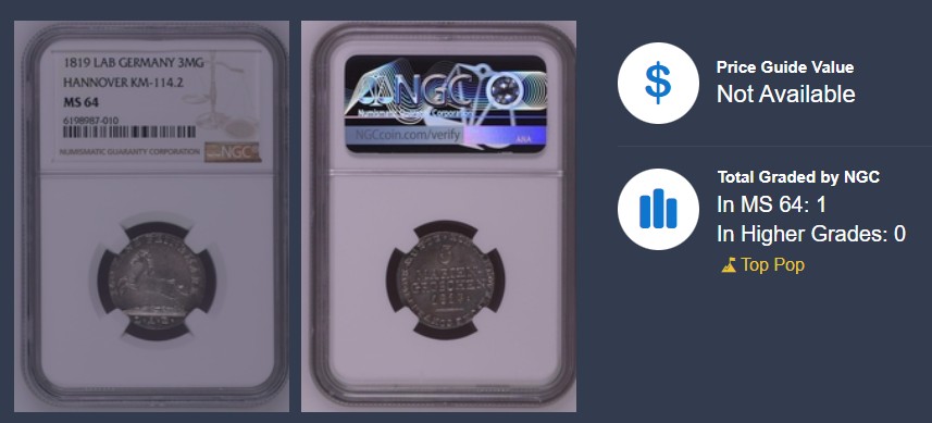 《竞宝斋》第115场-周日，周一 ，2场连拍（全场包邮） NGC-MS64 冠军分！ 德国 1819年 汉诺威 飞马 3格罗申银币 转光强 一步到位的品相！ 这种顶级品相越来越少见到了
