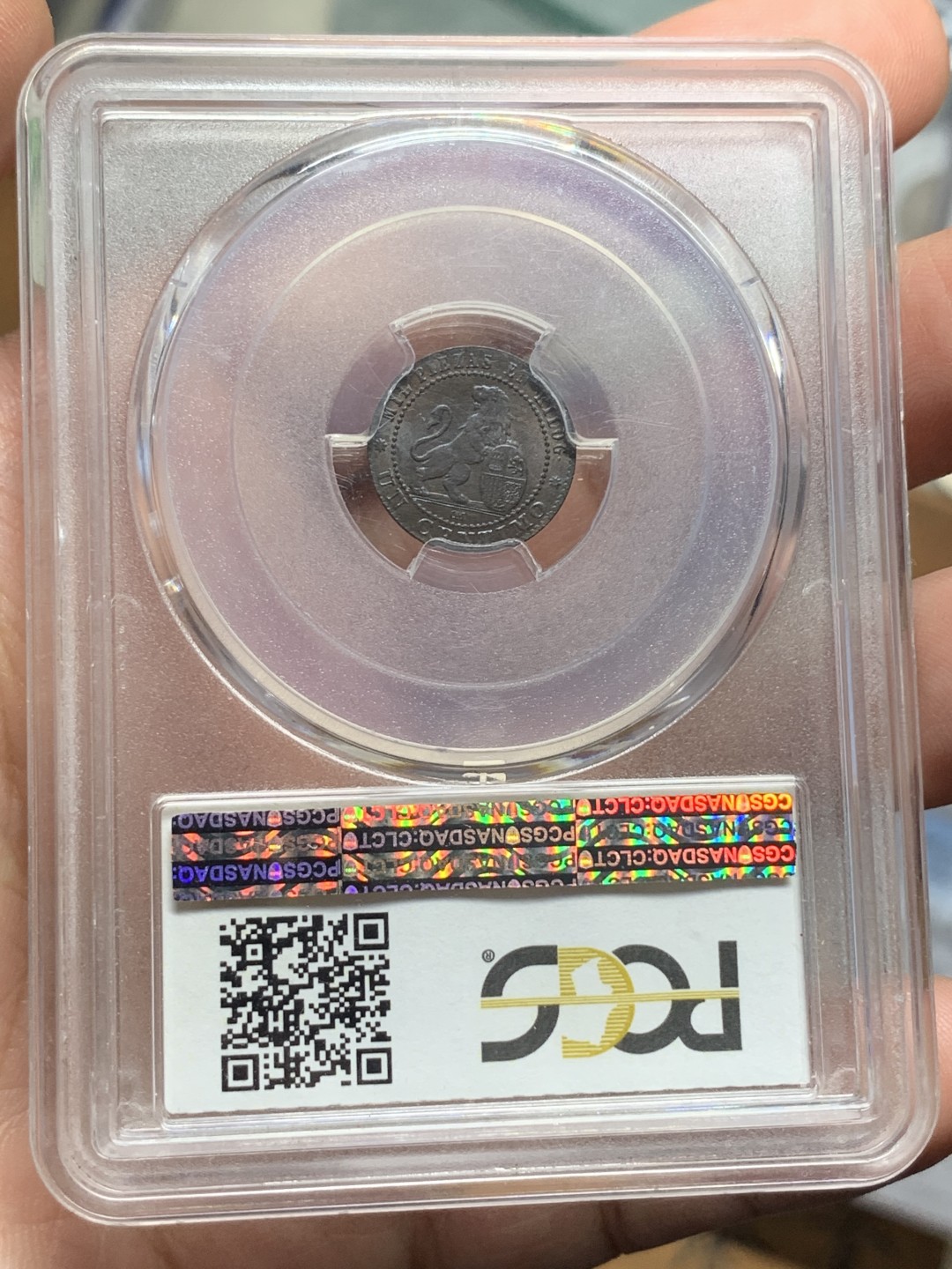 《竞宝斋》第115场-周日，周一 ，2场连拍（全场包邮） PCGS MS64BN 西班牙 1870年 坐人 狮子 1C 铜币 细节慢慢 状态极好