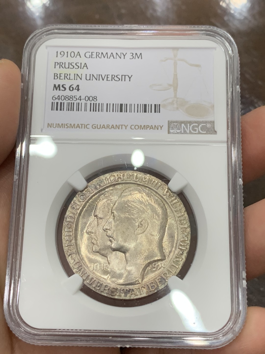 《竞宝斋》第115场-周日，周一 ，2场连拍（全场包邮） NGC MS64 德国普鲁士1910年柏林大学建校100周年纪念3马克银币