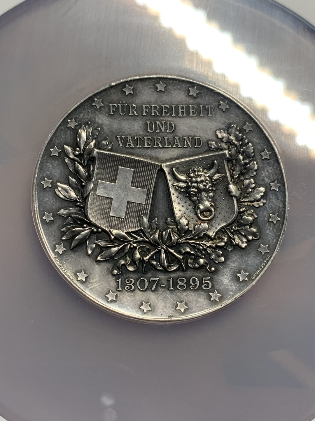 《竞宝斋》第115场-周日，周一 ，2场连拍（全场包邮） NGC UNC 1895年瑞士乌里州射击节大银章，50MM，厚重高浮雕，NGC大盒子,少见品种