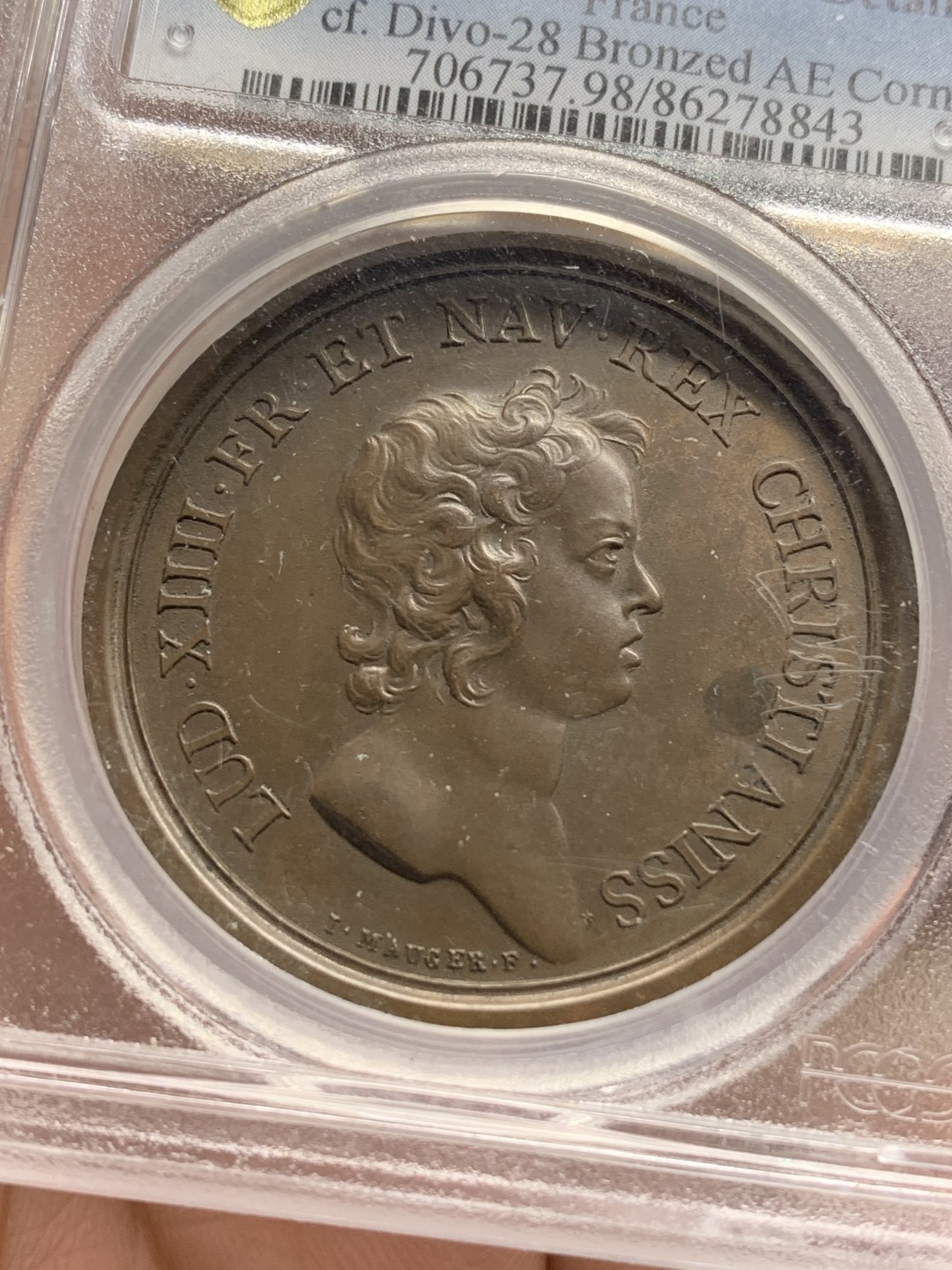 《竞宝斋》第115场-周日，周一 ，2场连拍（全场包邮） PCGS UNC 法国 1648年 路易十四 小孩头 法国战胜巴伐利亚 纪念铜章 加厚盒装 细节精制 难得