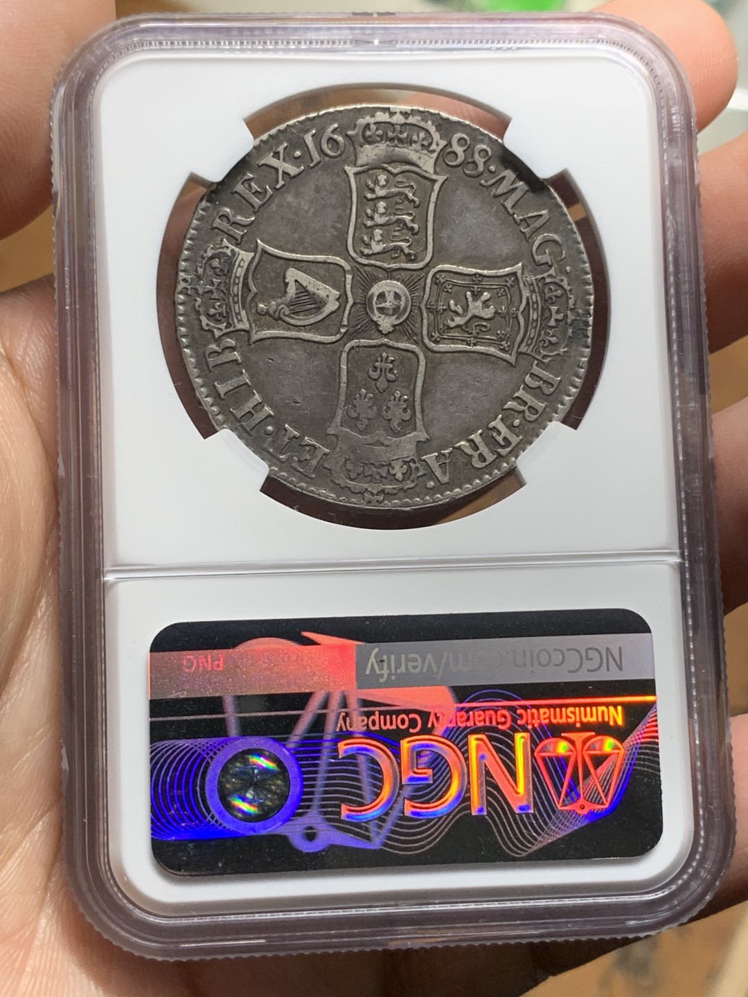 《竞宝斋》第115场-周日，周一 ，2场连拍（全场包邮） NGC VF35 英国 1688 詹姆斯二世  1克朗 大银币 稀缺品种