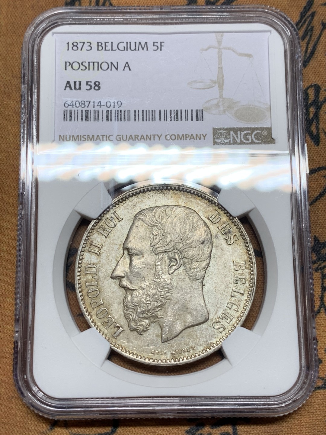 《竞宝斋》第115场-周日，周一 ，2场连拍（全场包邮） NGC-AU58 比利时1873年 利奥波德二世 5法郎大银币 原味老包浆