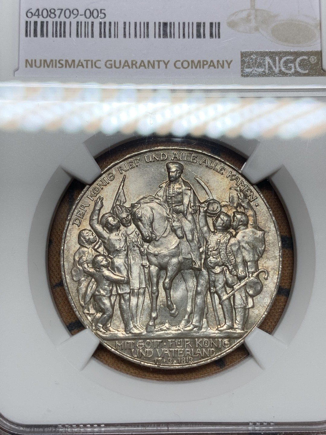 《竞宝斋》第115场-周日，周一 ，2场连拍（全场包邮） NGC-MS63 德国1913年 普法战争 3马克银币 原光带彩 非常漂亮