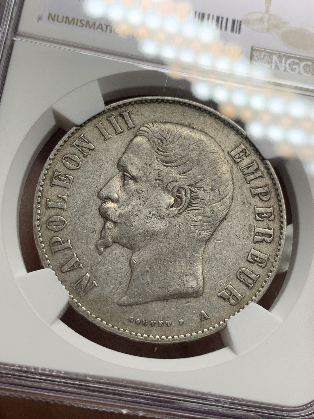 《竞宝斋》第115场-周日，周一 ，2场连拍（全场包邮） NGC-XF45 法国拿三光头 1856年 5法郎大银币 原味好品 这个品种有这个分数已经非常难得